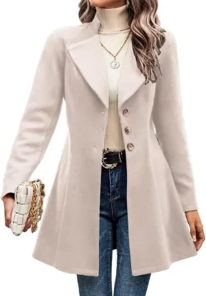 Mywinway Wool Coats for Women Fall Winter Trench Coat Peacoat Long Tweed Blazer Jackets Outwear,Beige,L