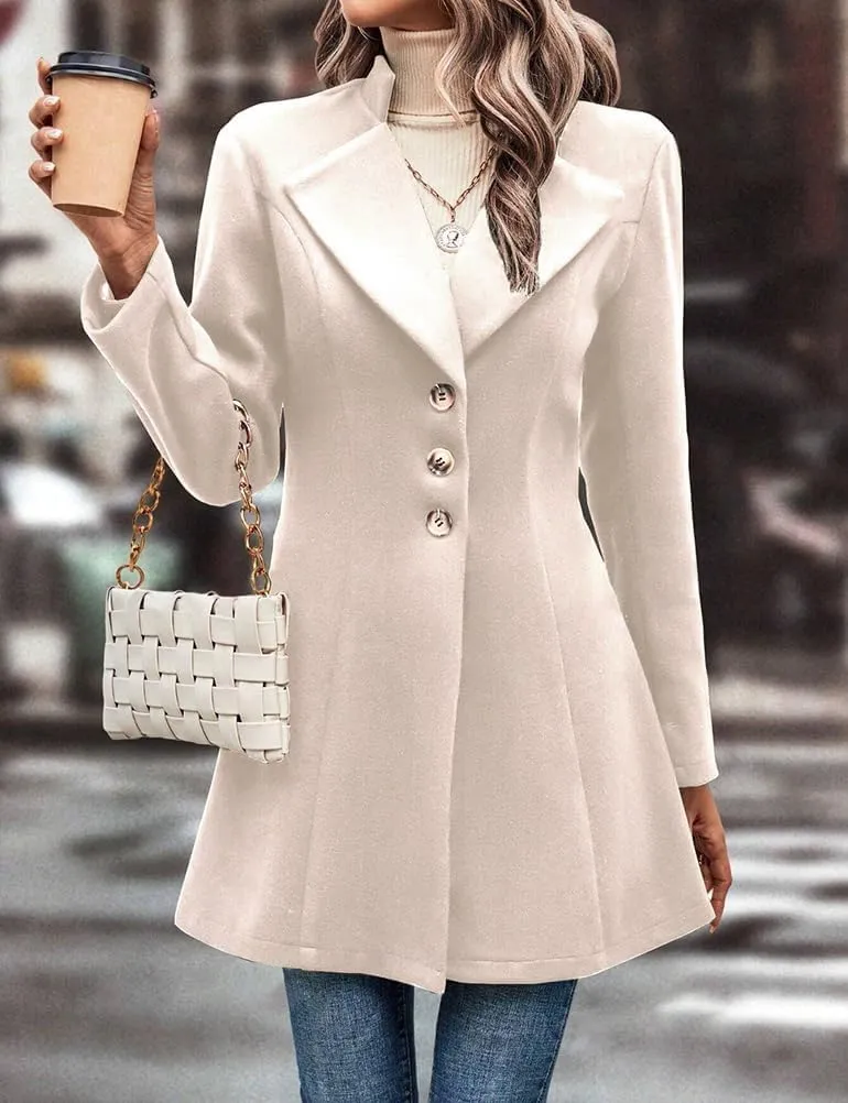 Mywinway Wool Coats for Women Fall Winter Trench Coat Peacoat Long Tweed Blazer Jackets Outwear,Beige,L