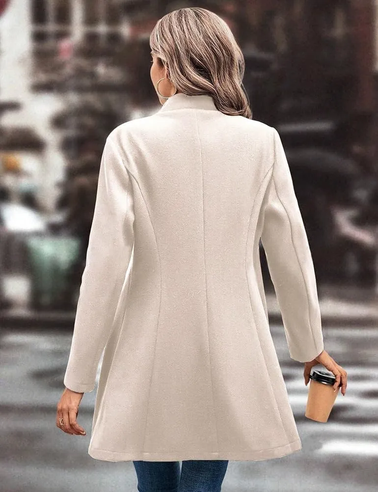 Mywinway Wool Coats for Women Fall Winter Trench Coat Peacoat Long Tweed Blazer Jackets Outwear,Beige,L