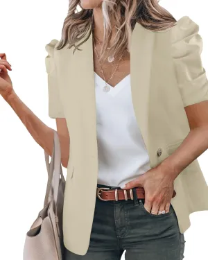 Newffr Womens Summer Blazers Casual Short Puff Sleeve Open Front Office Blazers Bussiness Jackets Work Suit
