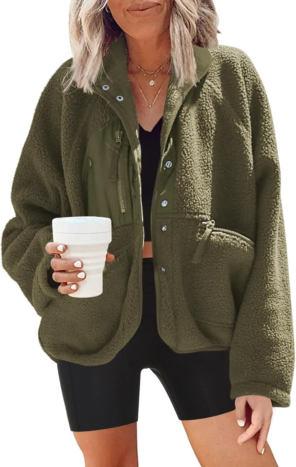 Nirovien Womens Fuzzy Fleece Jacket Button Down Sherpa Coats Casual Winter Warm Outwear with Pockets