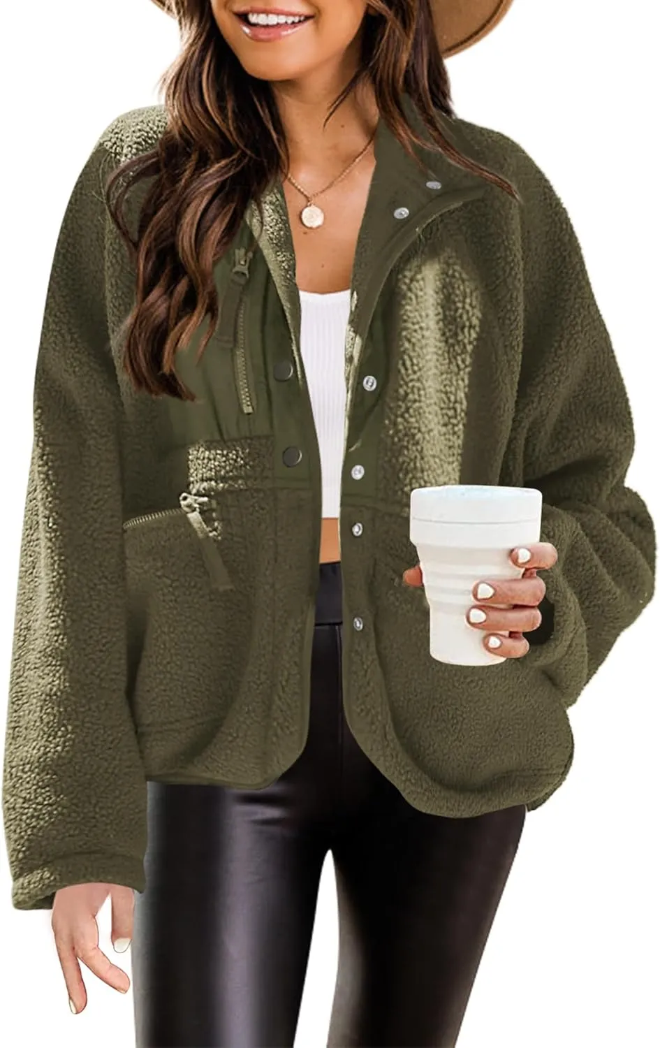 Nirovien Womens Fuzzy Fleece Jacket Button Down Sherpa Coats Casual Winter Warm Outwear with Pockets