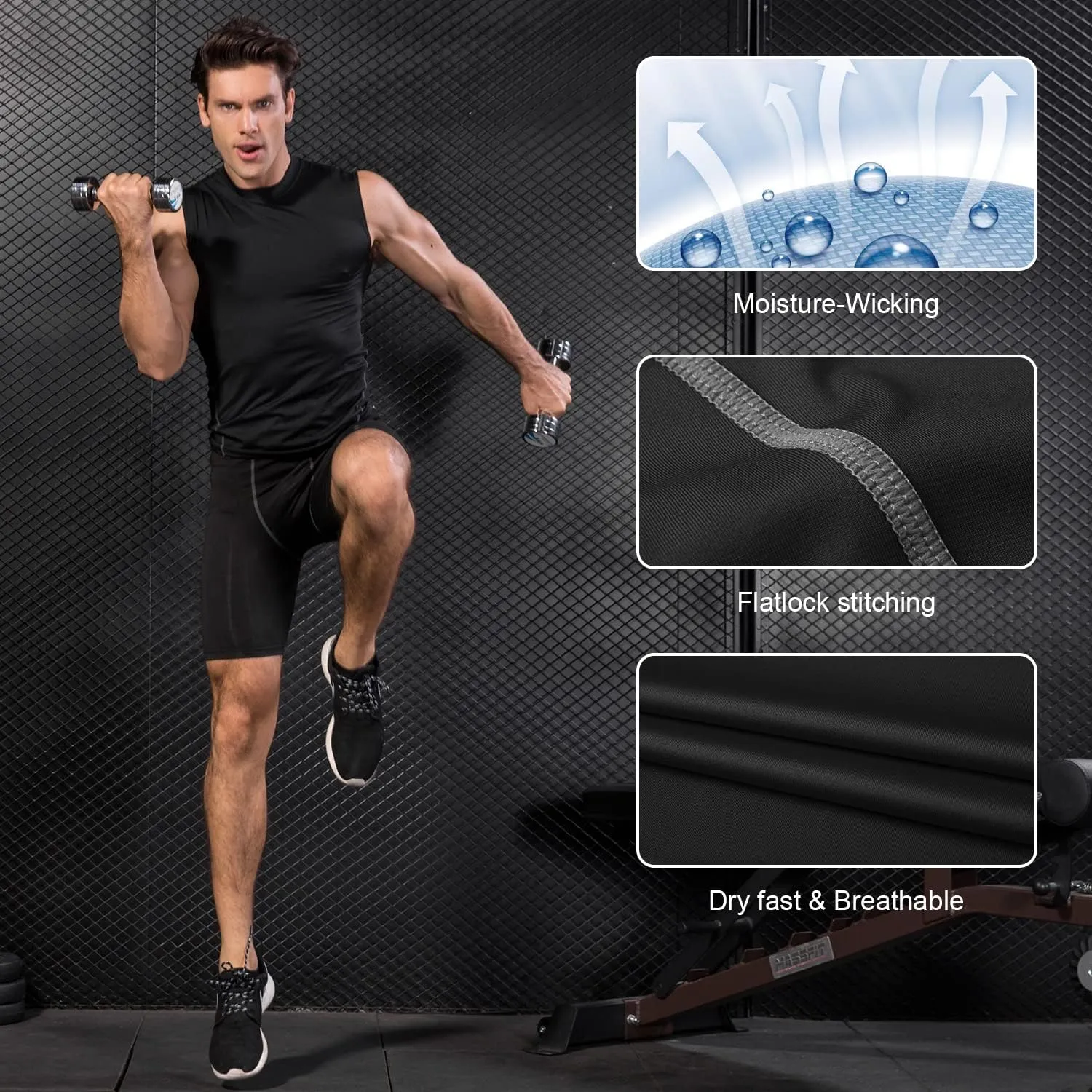 Odoland 5 Pack Men's Compression Sleeveless Shirts, Dry Fit Athletic Base Layer Tank Top, Sports Running Gym Workout Shirts