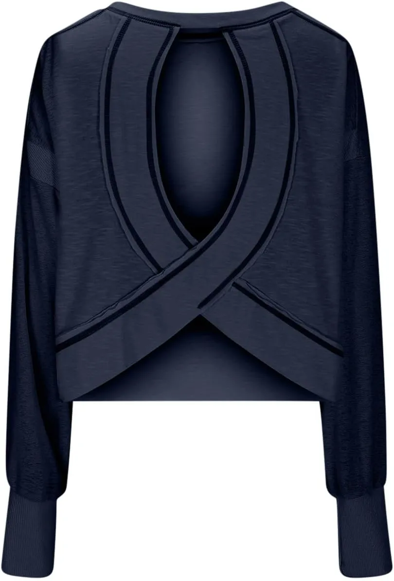 Oversized Open Back Sweatshirts for Womens Fall Long Sleeve Backless Tops Crop Workout Yoga Athletic Pullover Shirts