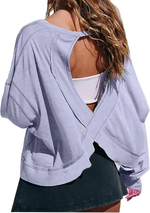 Oversized Open Back Sweatshirts for Womens Fall Long Sleeve Backless Tops Crop Workout Yoga Athletic Pullover Shirts