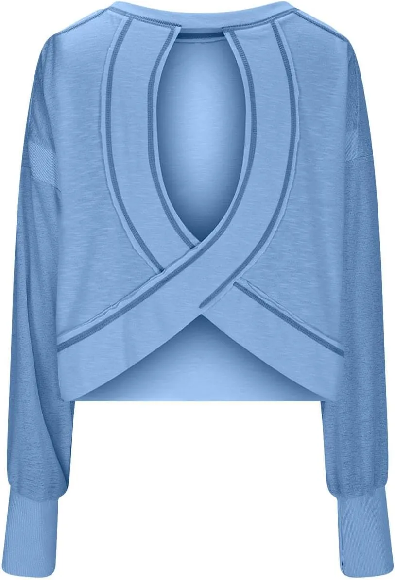 Oversized Open Back Sweatshirts for Womens Fall Long Sleeve Backless Tops Crop Workout Yoga Athletic Pullover Shirts