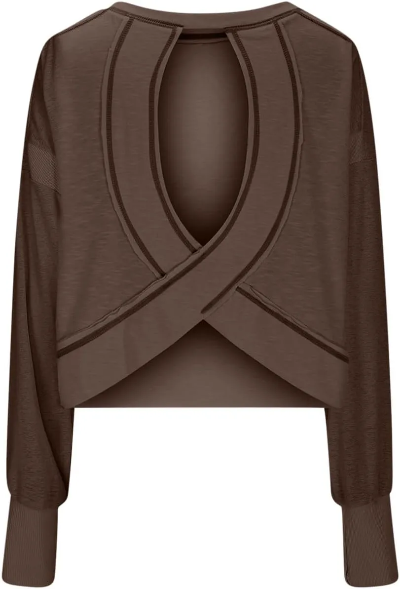 Oversized Open Back Sweatshirts for Womens Fall Long Sleeve Backless Tops Crop Workout Yoga Athletic Pullover Shirts
