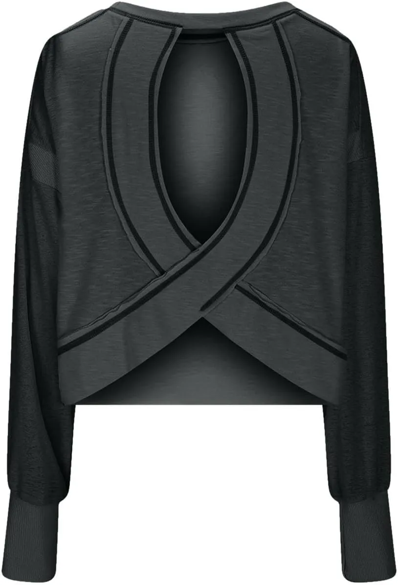 Oversized Open Back Sweatshirts for Womens Fall Long Sleeve Backless Tops Crop Workout Yoga Athletic Pullover Shirts