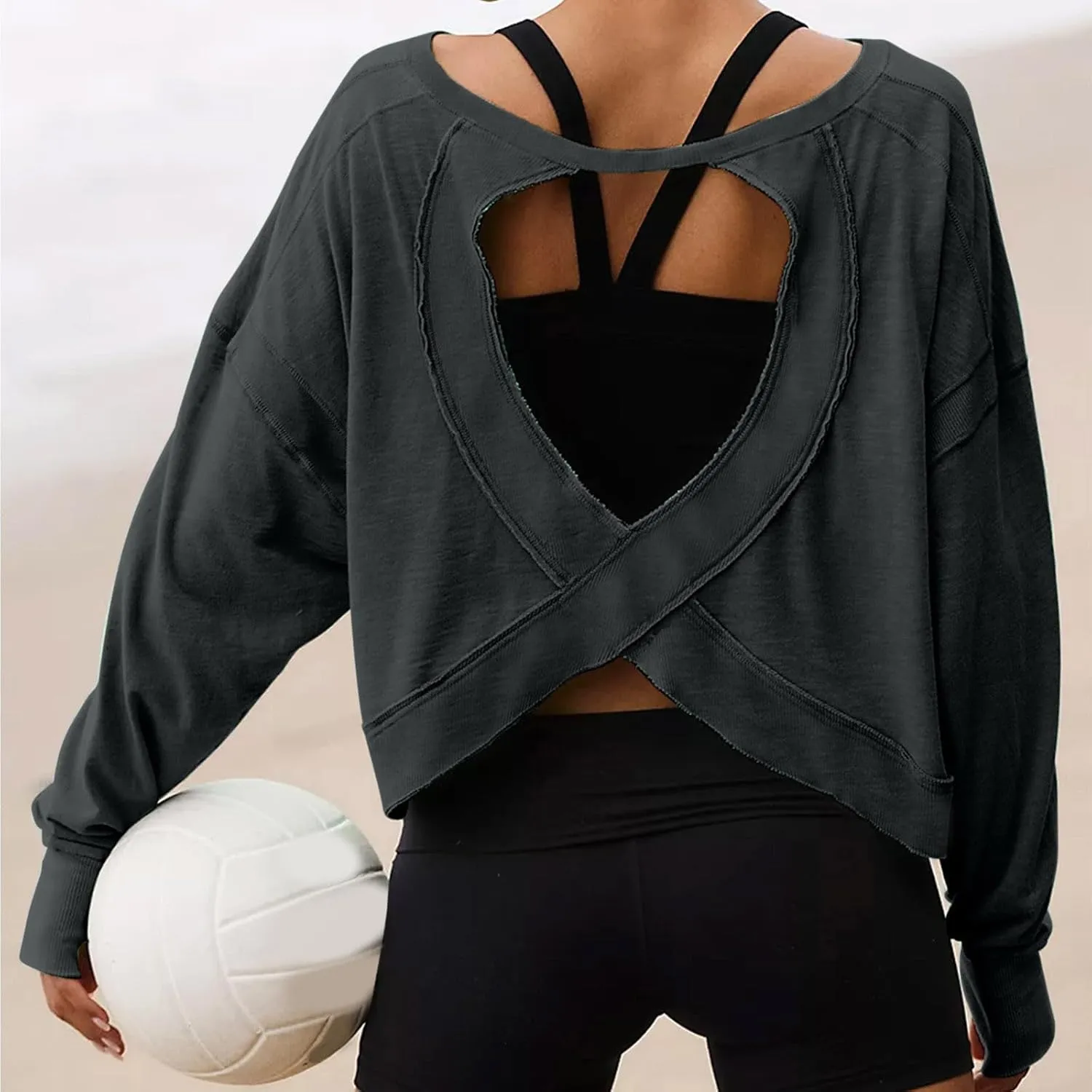 Oversized Open Back Sweatshirts for Womens Fall Long Sleeve Backless Tops Crop Workout Yoga Athletic Pullover Shirts