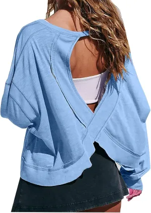 Oversized Open Back Sweatshirts for Womens Fall Long Sleeve Backless Tops Crop Workout Yoga Athletic Pullover Shirts