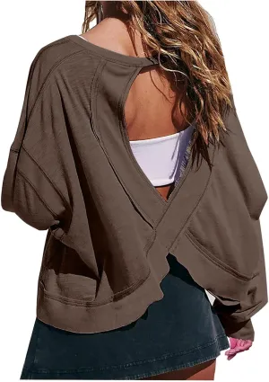 Oversized Open Back Sweatshirts for Womens Fall Long Sleeve Backless Tops Crop Workout Yoga Athletic Pullover Shirts