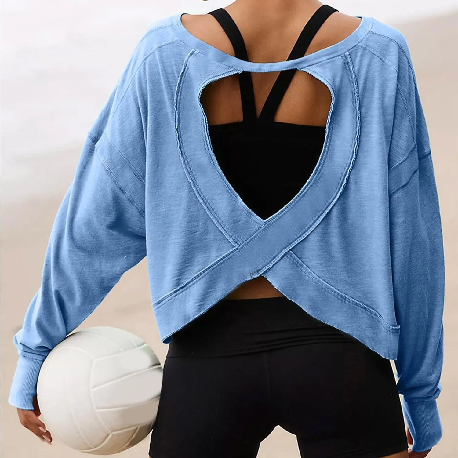 Oversized Open Back Sweatshirts for Womens Fall Long Sleeve Backless Tops Crop Workout Yoga Athletic Pullover Shirts