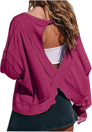 Oversized Open Back Sweatshirts for Womens Fall Long Sleeve Backless Tops Crop Workout Yoga Athletic Pullover Shirts