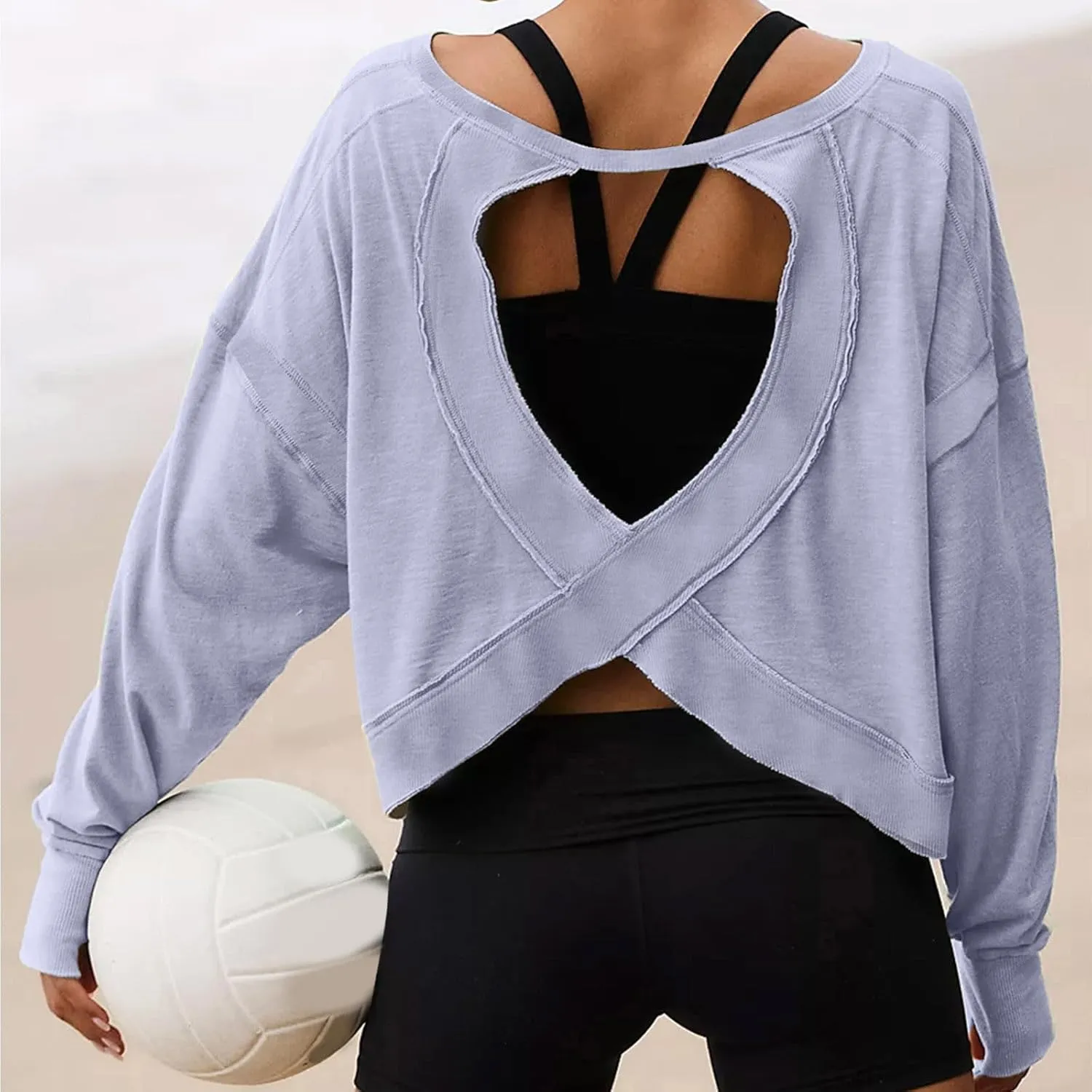 Oversized Open Back Sweatshirts for Womens Fall Long Sleeve Backless Tops Crop Workout Yoga Athletic Pullover Shirts