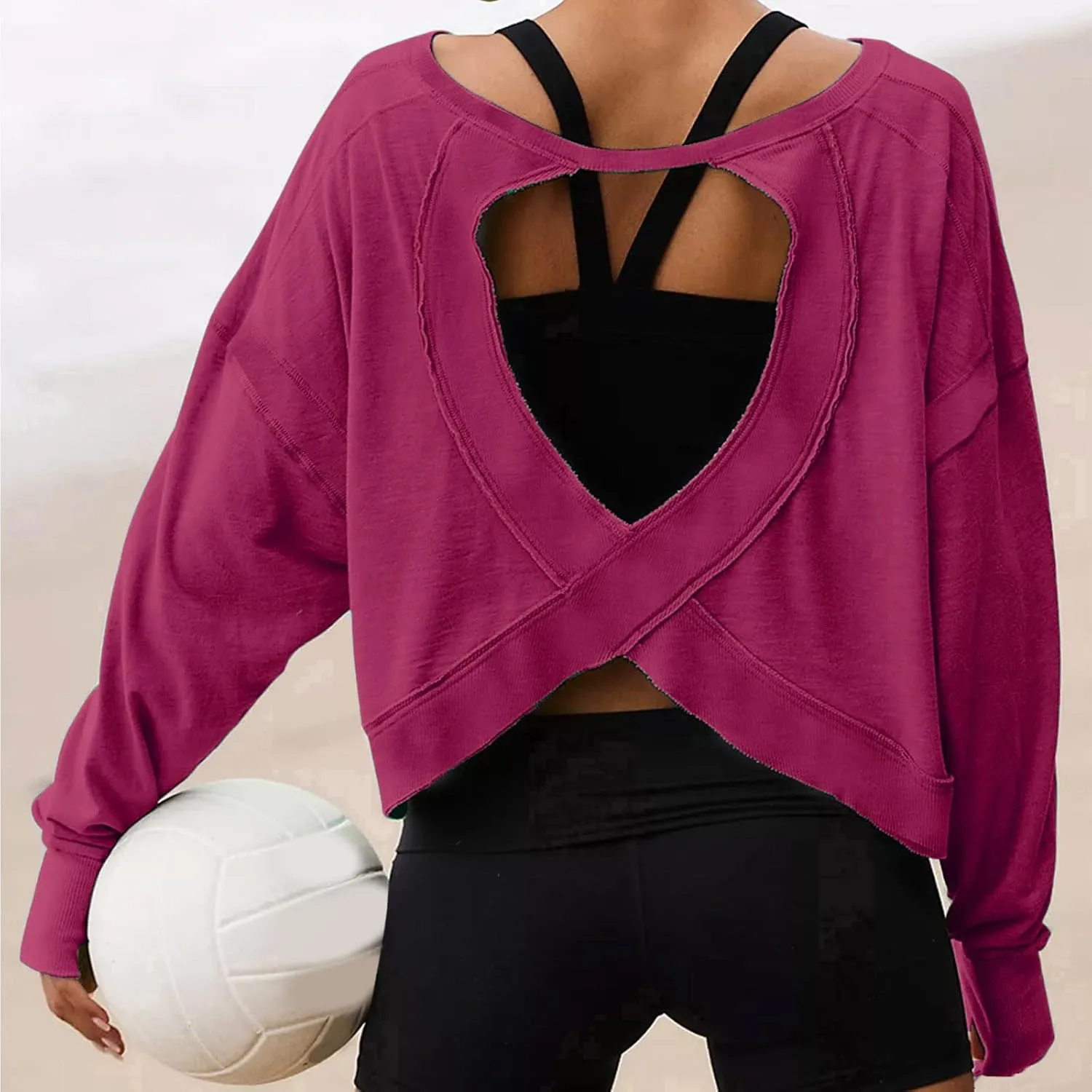 Oversized Open Back Sweatshirts for Womens Fall Long Sleeve Backless Tops Crop Workout Yoga Athletic Pullover Shirts