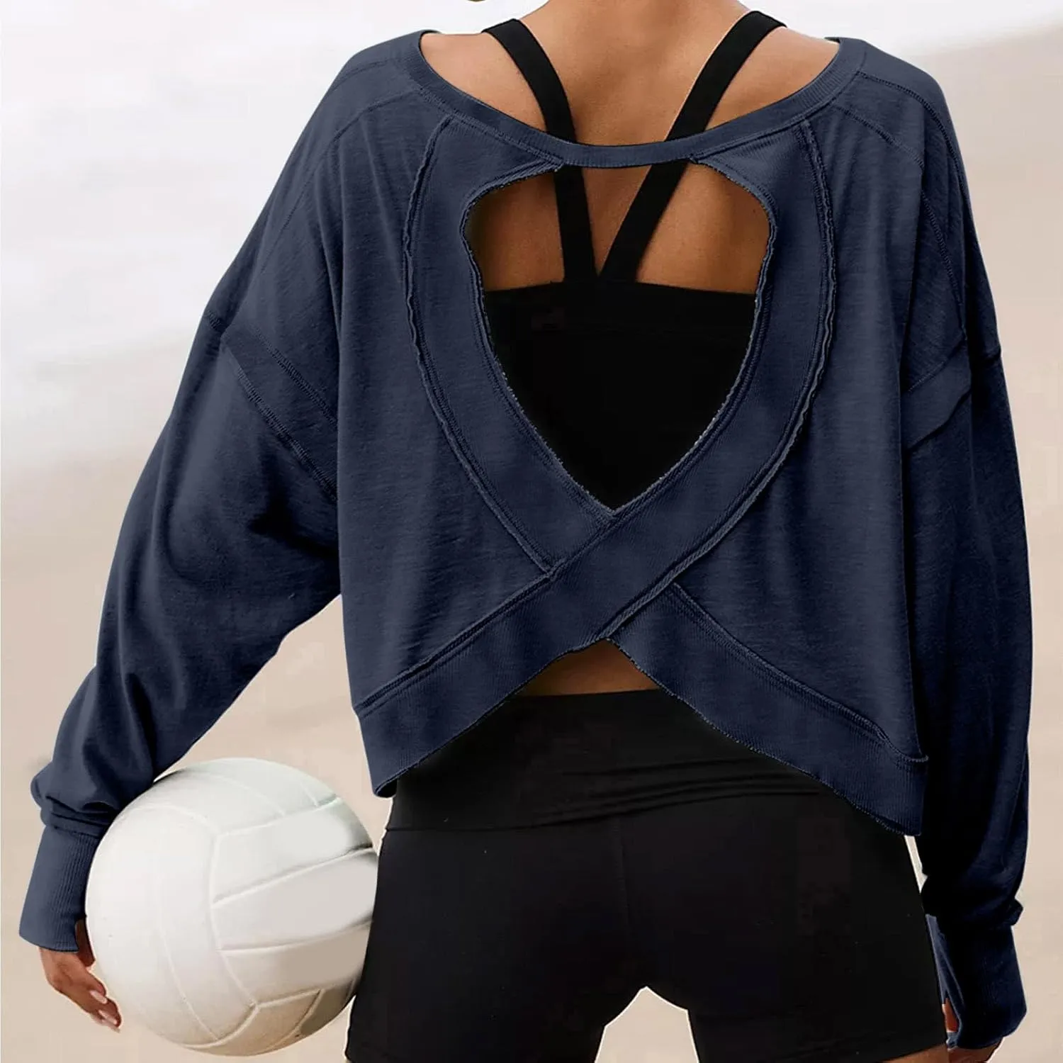 Oversized Open Back Sweatshirts for Womens Fall Long Sleeve Backless Tops Crop Workout Yoga Athletic Pullover Shirts