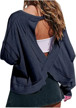 Oversized Open Back Sweatshirts for Womens Fall Long Sleeve Backless Tops Crop Workout Yoga Athletic Pullover Shirts