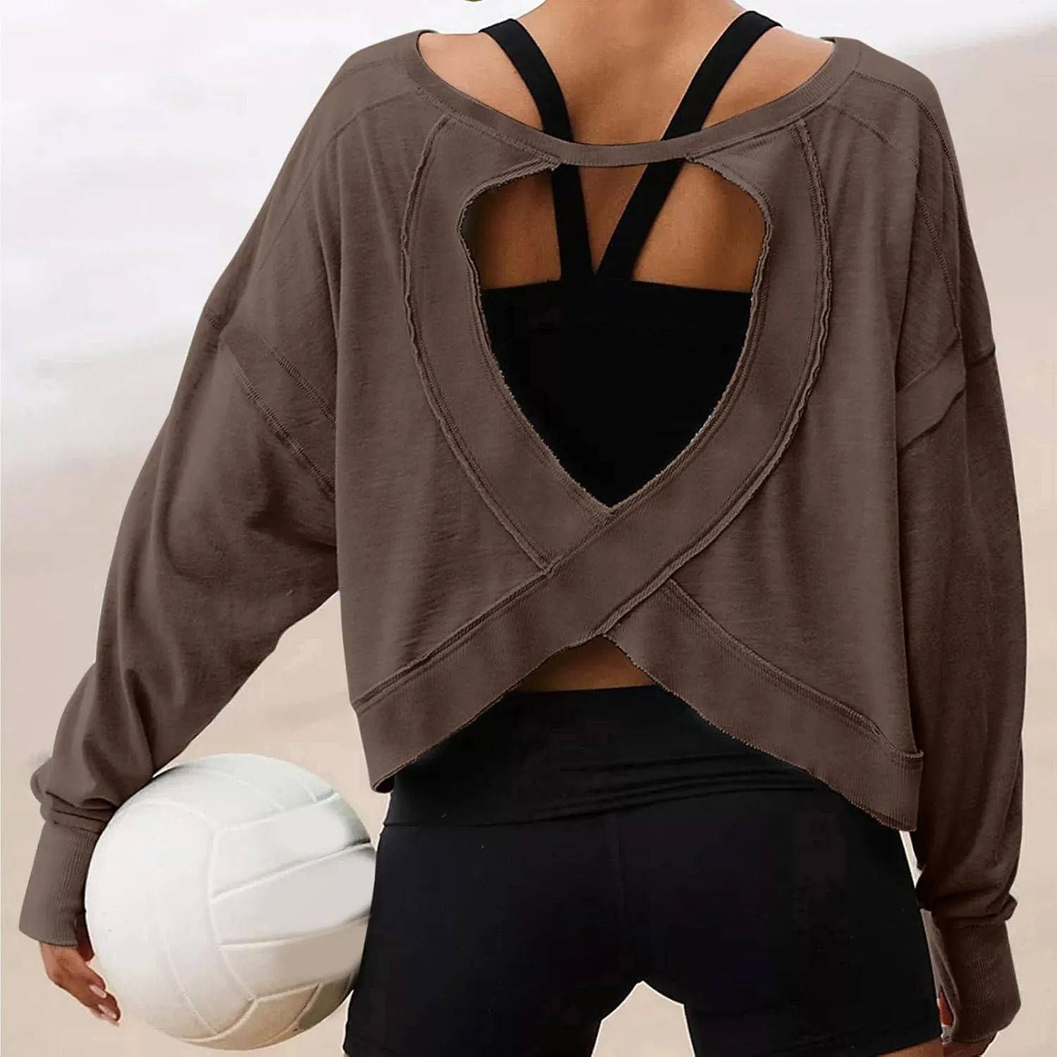 Oversized Open Back Sweatshirts for Womens Fall Long Sleeve Backless Tops Crop Workout Yoga Athletic Pullover Shirts