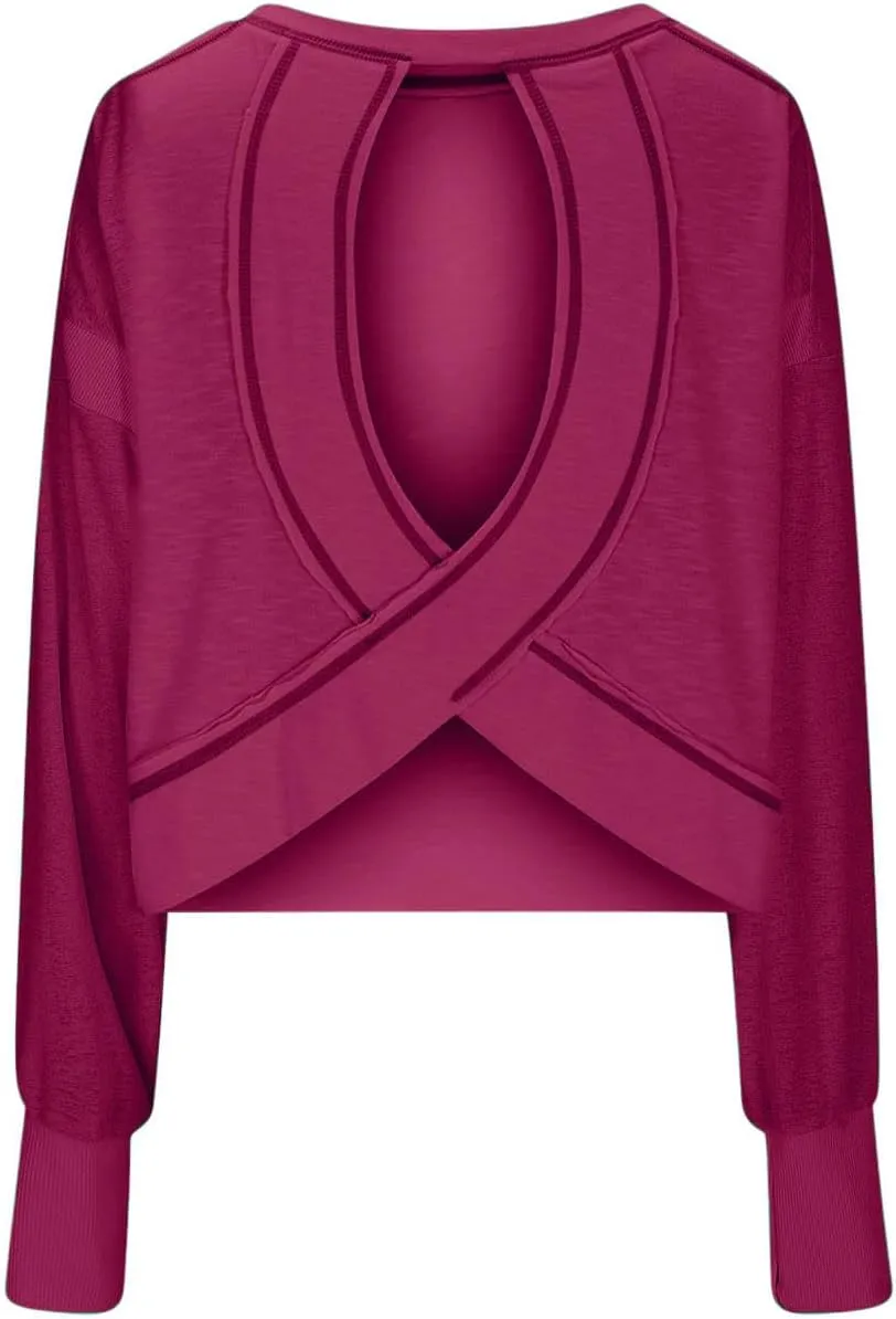 Oversized Open Back Sweatshirts for Womens Fall Long Sleeve Backless Tops Crop Workout Yoga Athletic Pullover Shirts