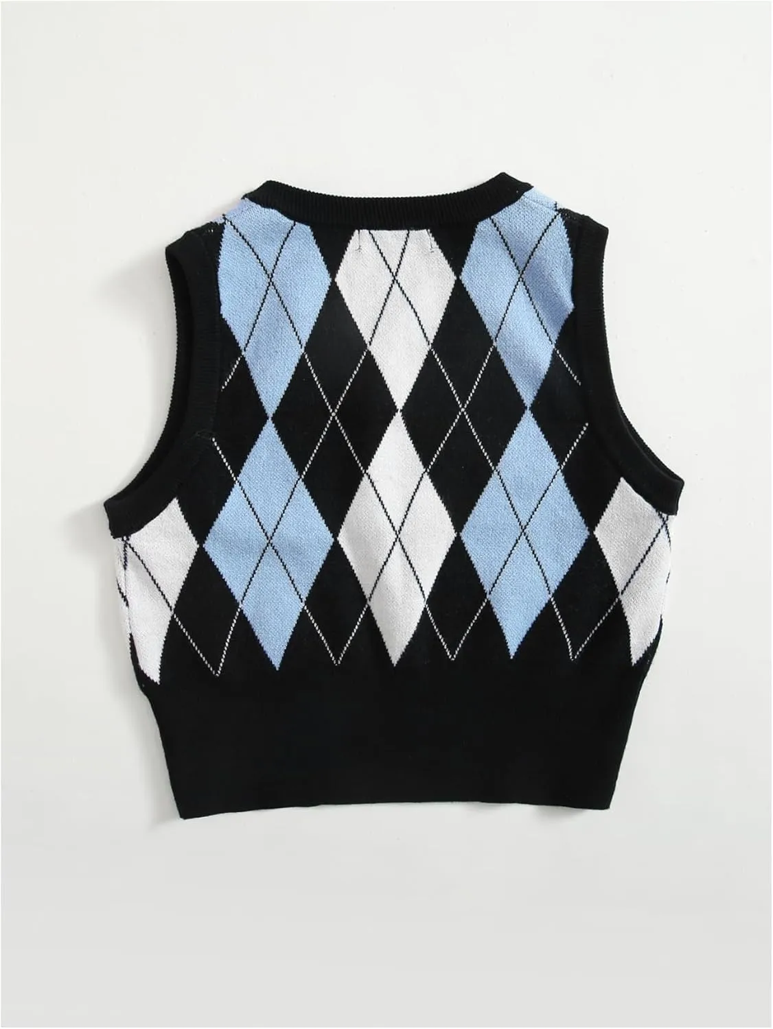 OYOANGLE Women's Argyle Plaid V Neck Sleeveless Sweater Vests Knitted Casual Crop Tops