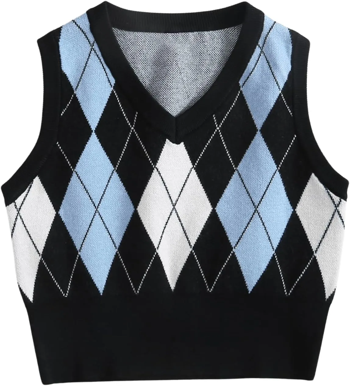 OYOANGLE Women's Argyle Plaid V Neck Sleeveless Sweater Vests Knitted Casual Crop Tops