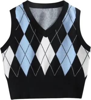 OYOANGLE Women's Argyle Plaid V Neck Sleeveless Sweater Vests Knitted Casual Crop Tops