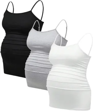 OYOANGLE Women's Maternity 3 Pack Camisole Tops Ruched Spaghetti Strap Tank Tops Pregnancy Cami Top