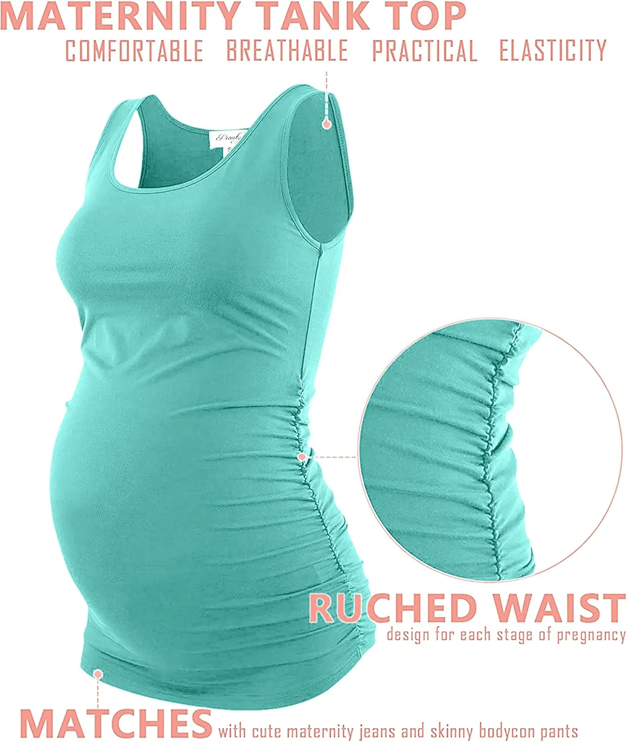 Peauty "Long Enough to Cover Hip Maternity Side Ruch Tank Tops/Basic Maternity Tops for Summer Casual Wear (S-3XL)