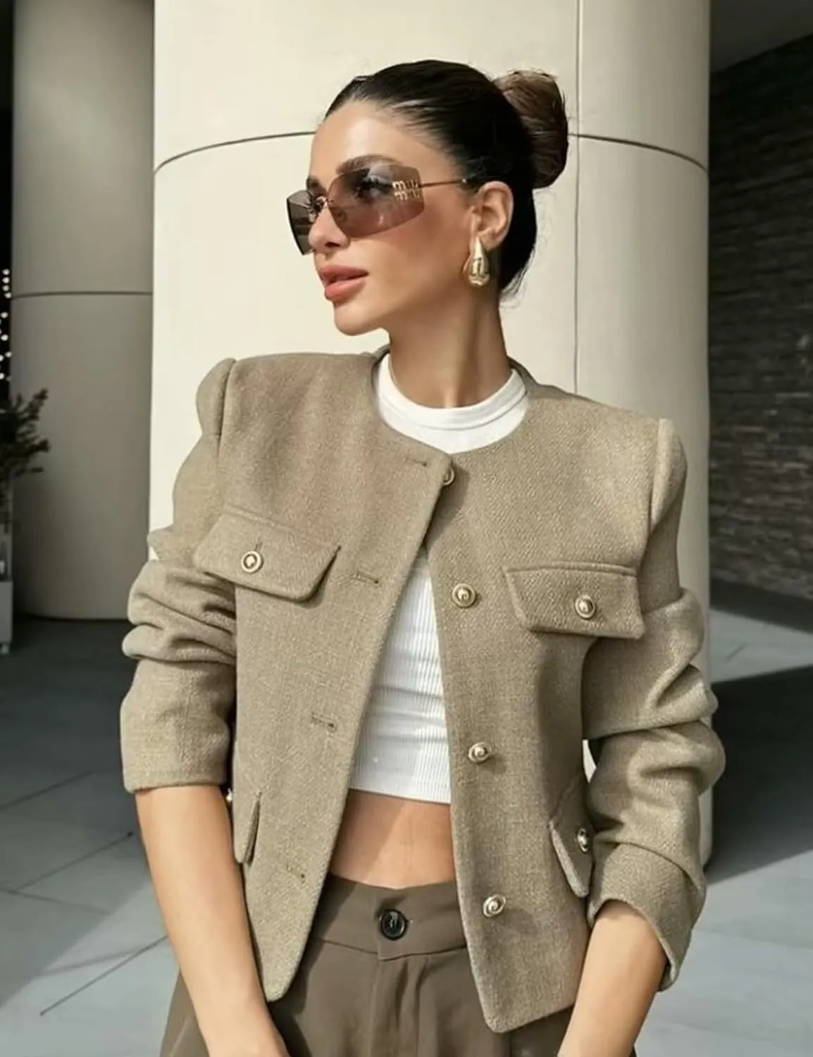 PEHMEA Womens Cropped Tweed Blazer Jackets Long Sleeve Button Down Business Casual Outfits with Pockets