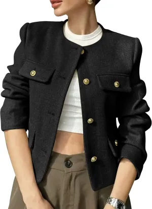 PEHMEA Womens Cropped Tweed Blazer Jackets Long Sleeve Button Down Business Casual Outfits with Pockets