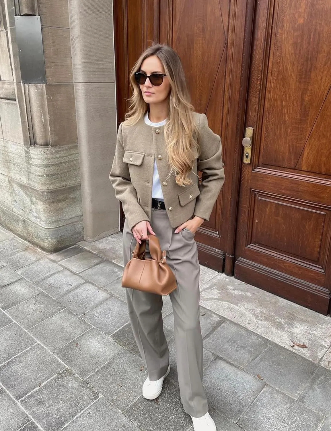 PEHMEA Womens Cropped Tweed Blazer Jackets Long Sleeve Button Down Business Casual Outfits with Pockets