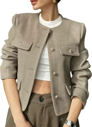 PEHMEA Womens Cropped Tweed Blazer Jackets Long Sleeve Button Down Business Casual Outfits with Pockets