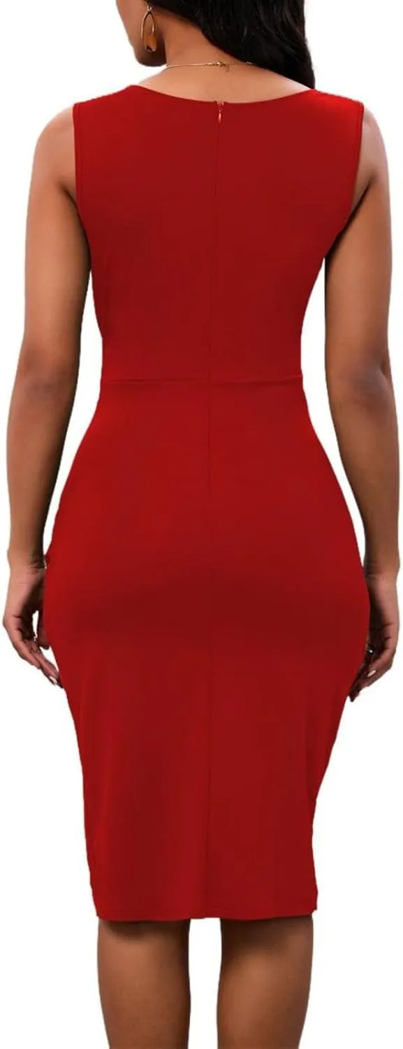 PerZeal Women's Sexy V Neck Sleeveless Bodycon Dress Cocktail Evening Party Wedding Guest Work Faux Wrap Ruched Midi Dresse