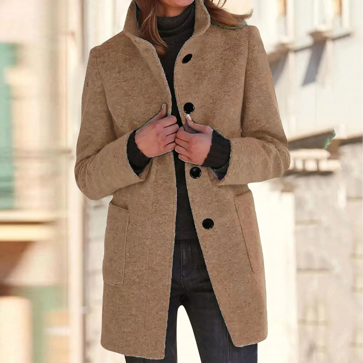 Plus Size Winter Coats for Women Single Breasted Long Trench Coat Jacket Stand Collar Soft Warm Suit Coat with Pocket
