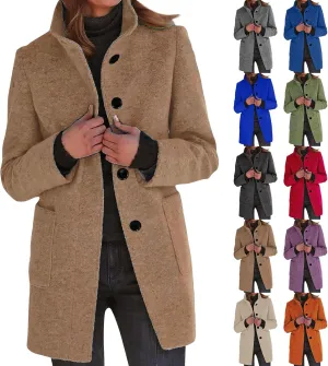 Plus Size Winter Coats for Women Single Breasted Long Trench Coat Jacket Stand Collar Soft Warm Suit Coat with Pocket