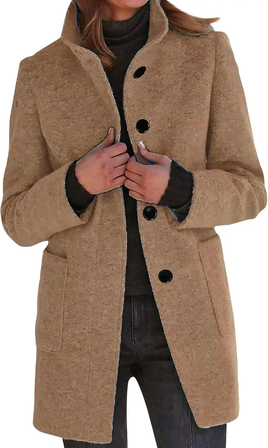 Plus Size Winter Coats for Women Single Breasted Long Trench Coat Jacket Stand Collar Soft Warm Suit Coat with Pocket