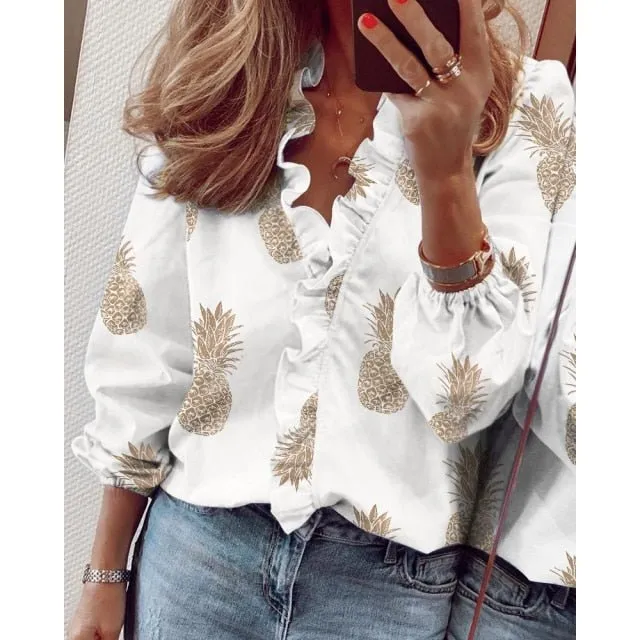 PLUSSISTER Playful Print or Solid Ruffles V-Neck Multi Choice Sleeve Shirt