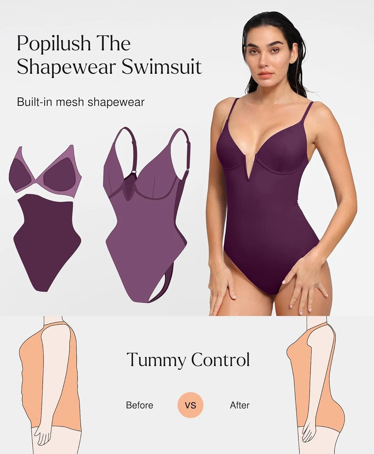 Popilush Tummy Control Swimsuits for Women Deep V Neck One Piece Shapewear Swimsuit Slimming Swimwear Built in Bra