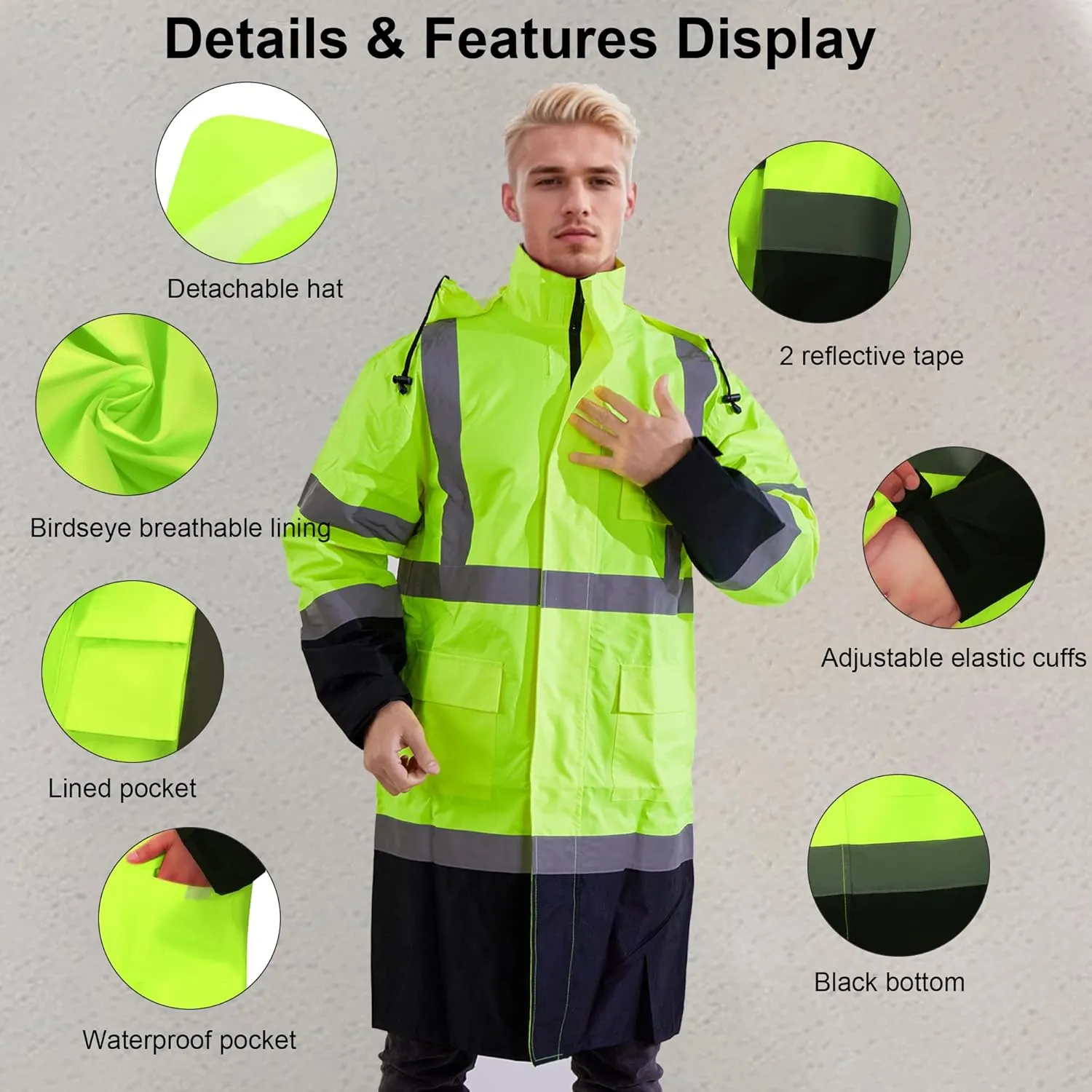 Raincoat Safety Work for Men Waterproof with Black Bottom, Rain Coats Interior Mesh High Visibility Rain Gear