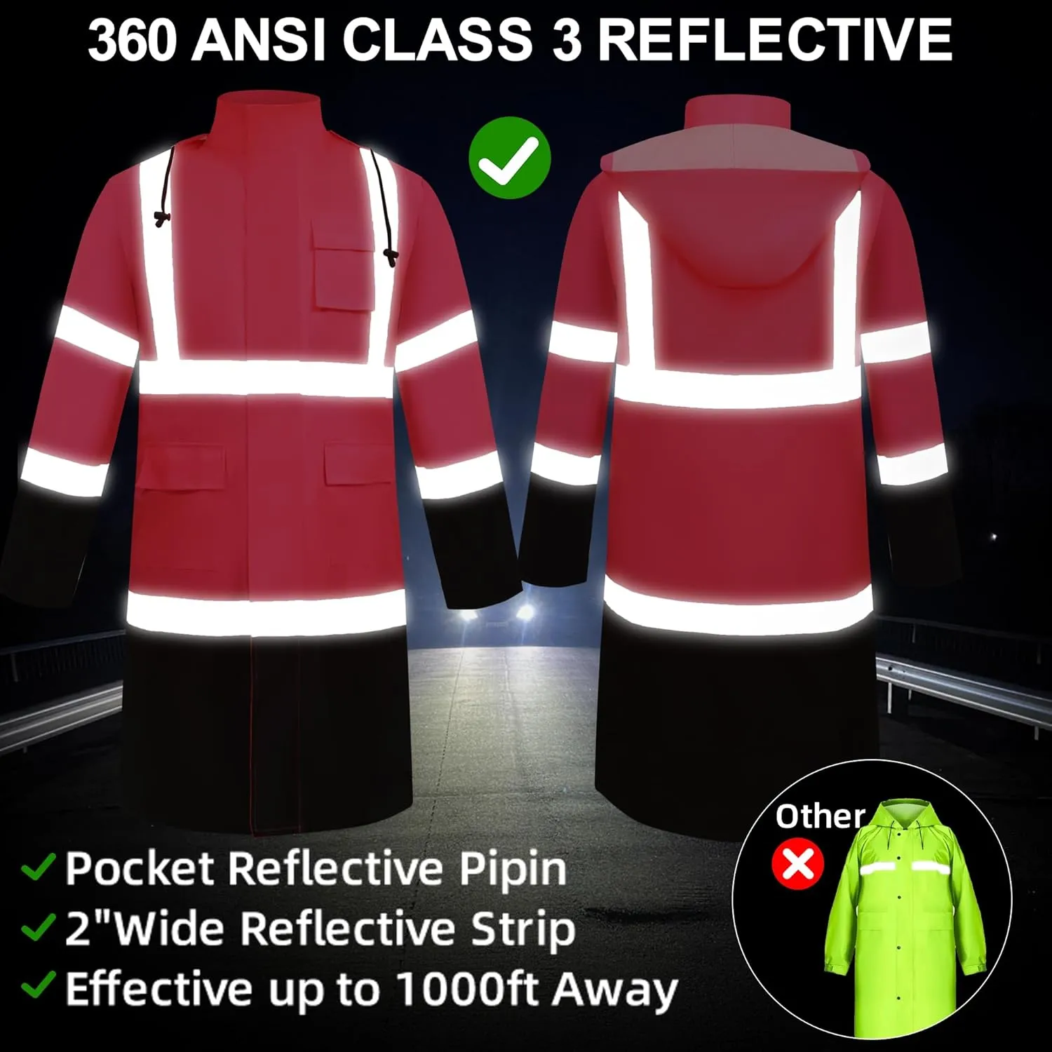 Raincoat Safety Work for Men Waterproof with Black Bottom, Rain Coats Interior Mesh High Visibility Rain Gear