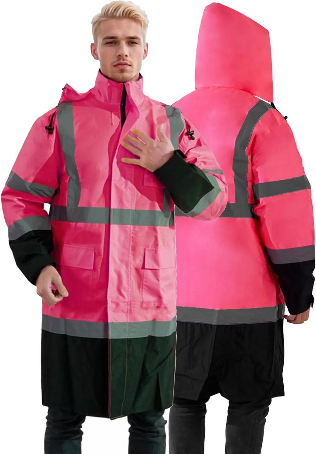 Raincoat Safety Work for Men Waterproof with Black Bottom, Rain Coats Interior Mesh High Visibility Rain Gear
