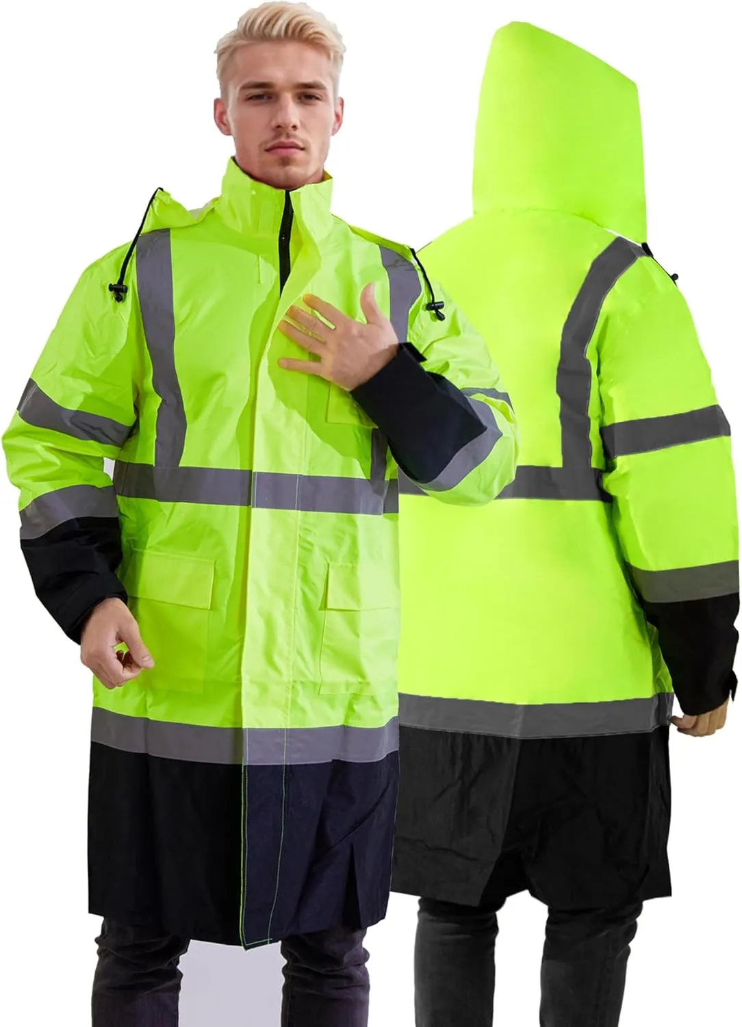 Raincoat Safety Work for Men Waterproof with Black Bottom, Rain Coats Interior Mesh High Visibility Rain Gear