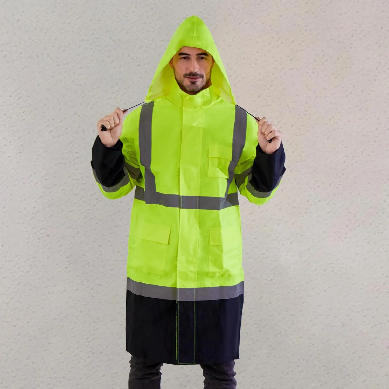 Raincoat Safety Work for Men Waterproof with Black Bottom, Rain Coats Interior Mesh High Visibility Rain Gear