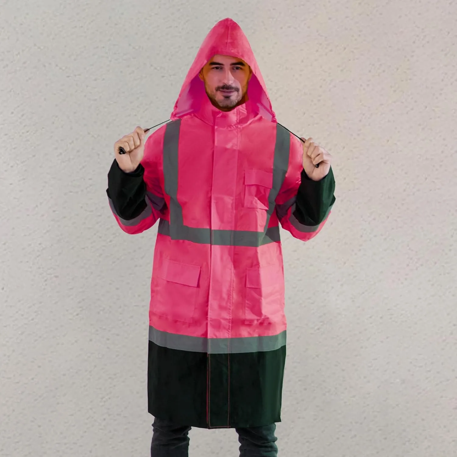 Raincoat Safety Work for Men Waterproof with Black Bottom, Rain Coats Interior Mesh High Visibility Rain Gear