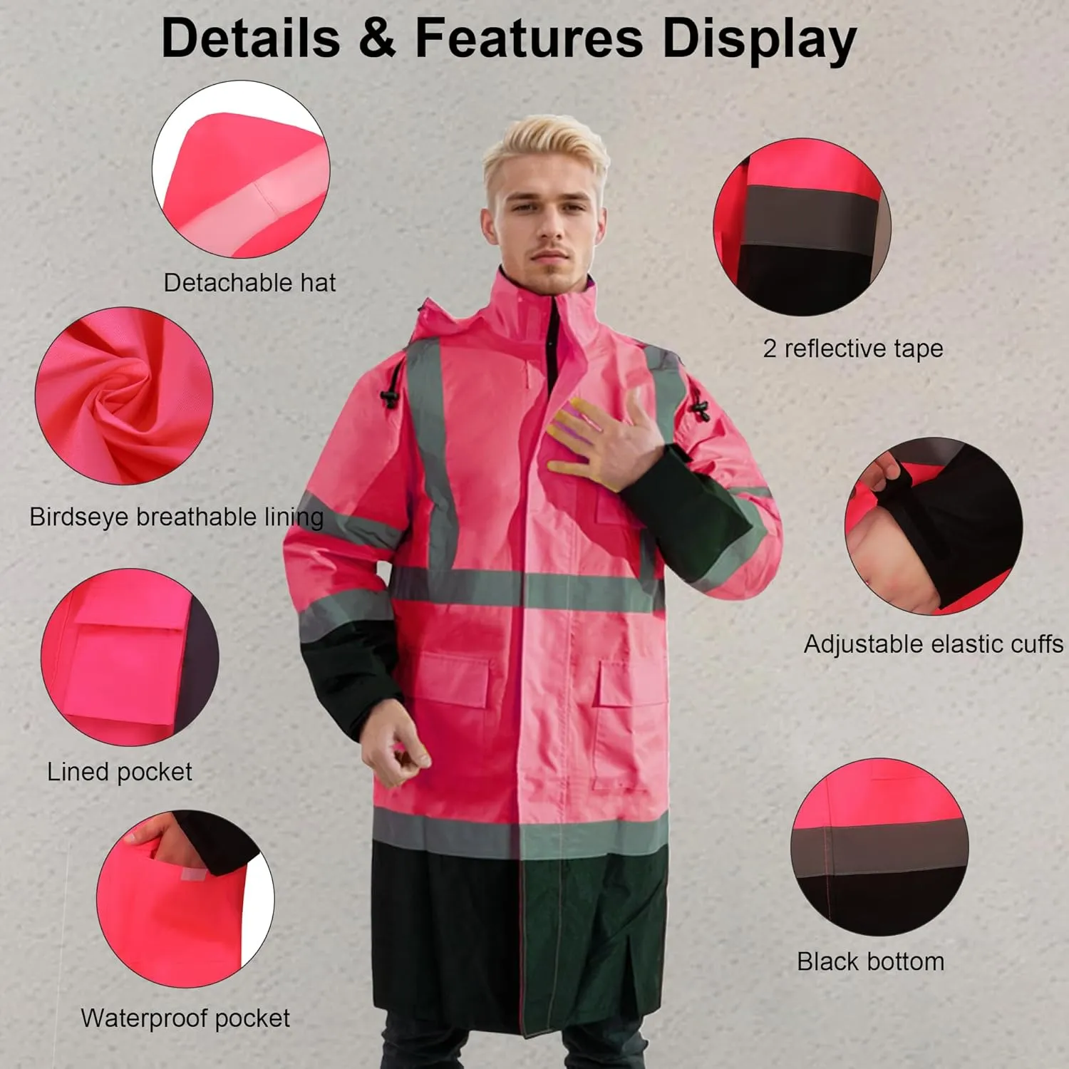 Raincoat Safety Work for Men Waterproof with Black Bottom, Rain Coats Interior Mesh High Visibility Rain Gear