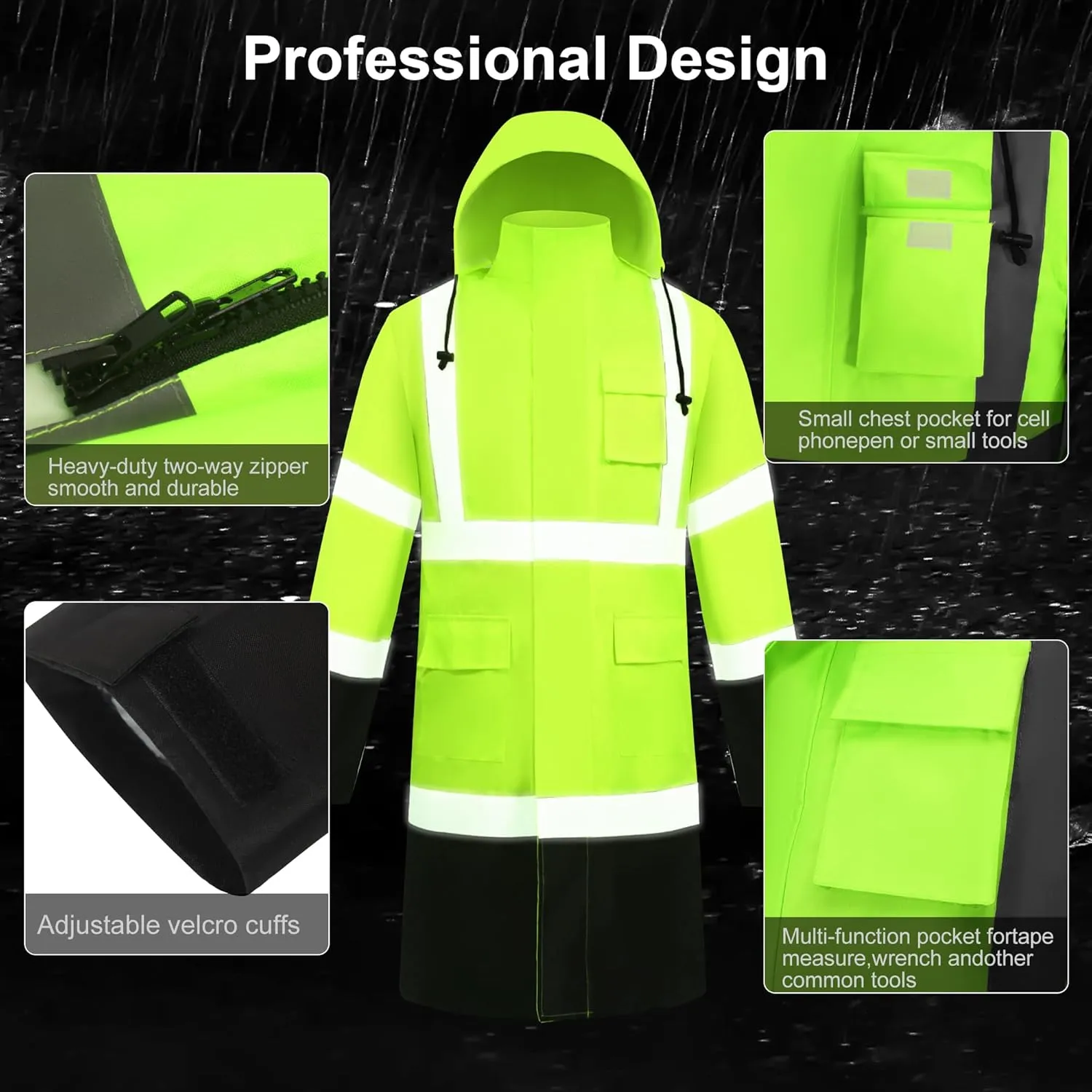 Raincoat Safety Work for Men Waterproof with Black Bottom, Rain Coats Interior Mesh High Visibility Rain Gear