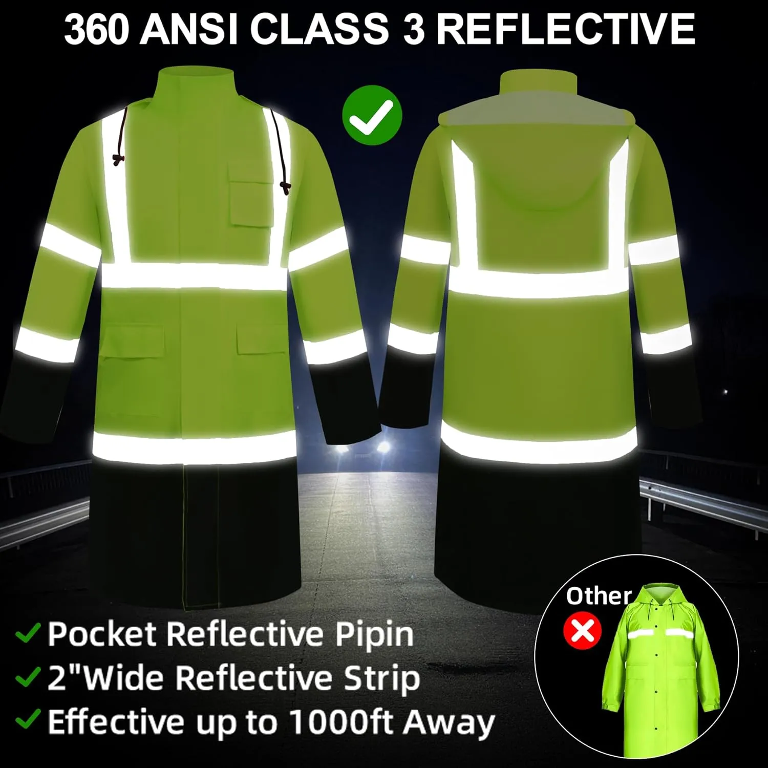 Raincoat Safety Work for Men Waterproof with Black Bottom, Rain Coats Interior Mesh High Visibility Rain Gear