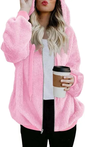 ReachMe Womens Warm Fuzzy Zip Up Hoodie Oversized Sherpa Jacket with Pockets Faux Fur Fleece Winter Coats
