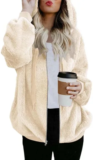 ReachMe Womens Warm Fuzzy Zip Up Hoodie Oversized Sherpa Jacket with Pockets Faux Fur Fleece Winter Coats