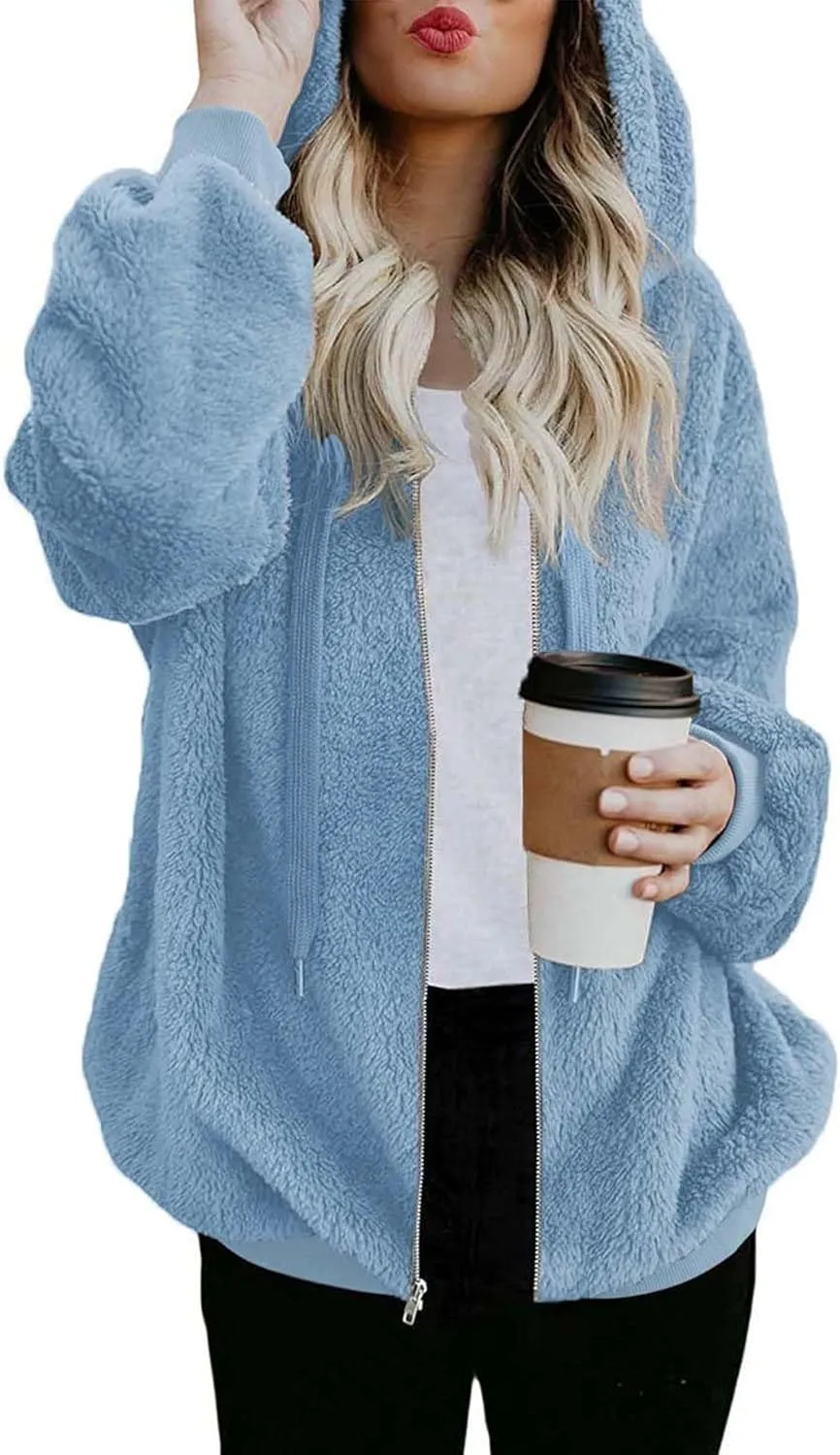 ReachMe Womens Warm Fuzzy Zip Up Hoodie Oversized Sherpa Jacket with Pockets Faux Fur Fleece Winter Coats